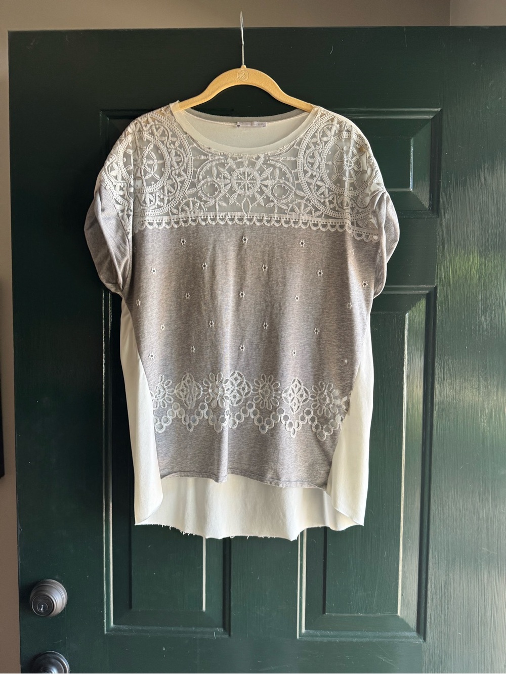 Zara Gray and Cream Lace-Accent Short Sleeve Top